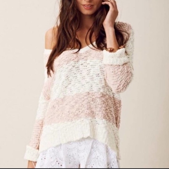 Free People Songbird White/White Stripe Boucle Knit Sweater - Picture 1 of 11